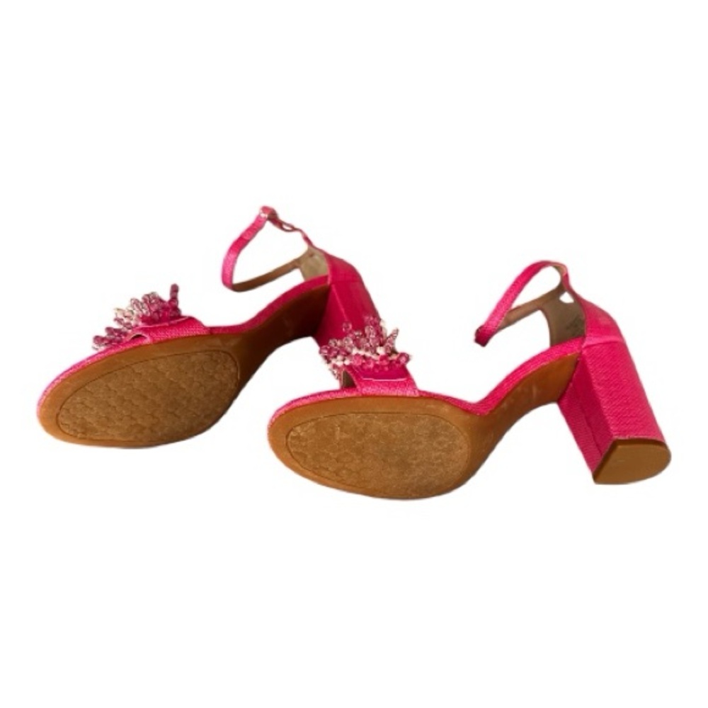 Kelly & Katie Hasana Fringed Chunky Block Heel Sandal Pink & White - Picture 6 of 7
